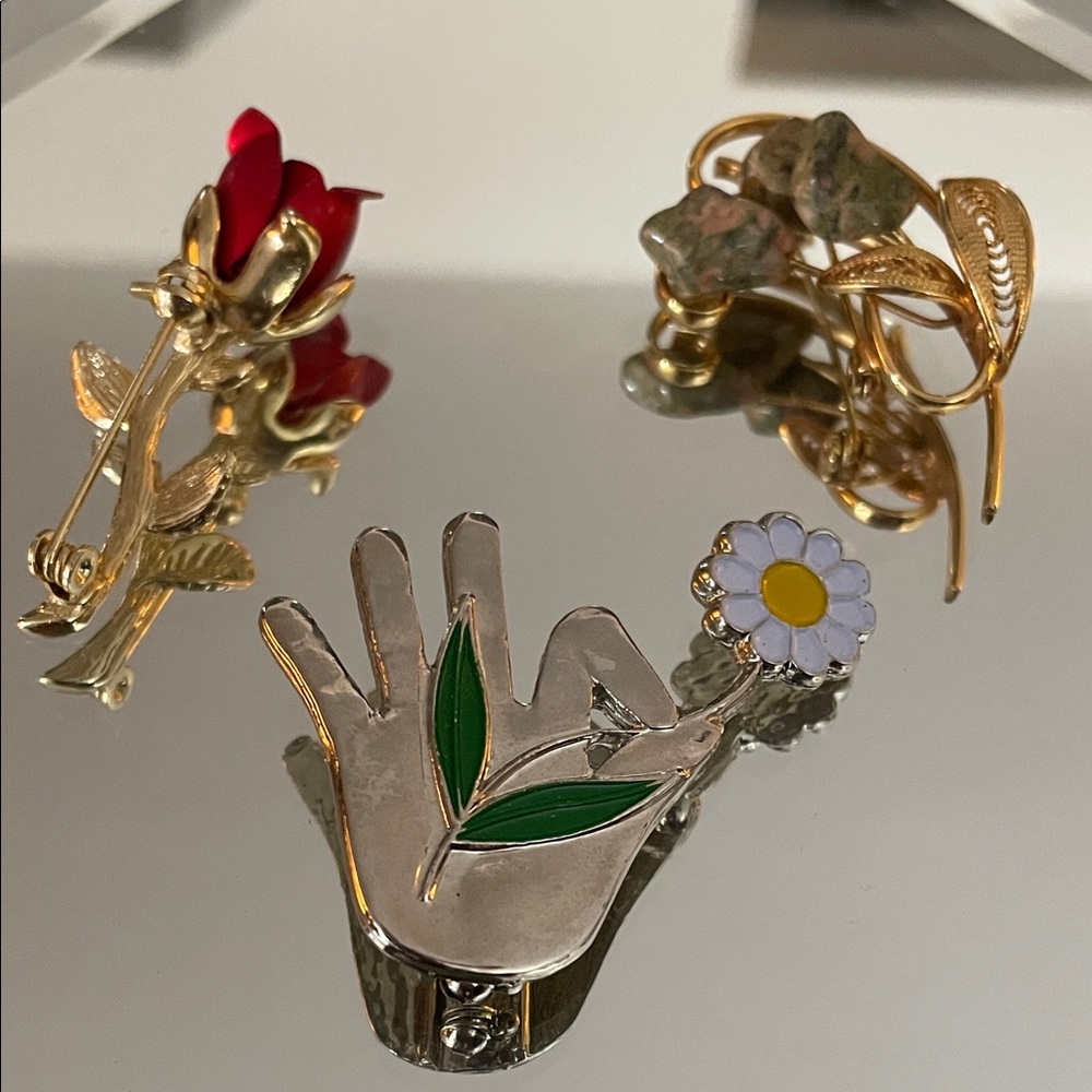 Lot of 3 Floral Brooch Set with Gold and Silver Accents